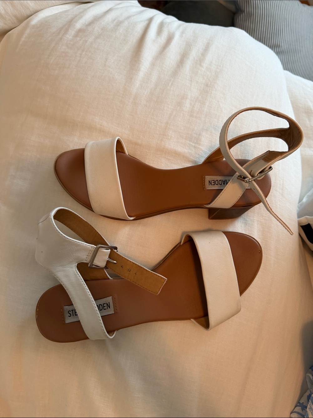 Steve Madden Ivory and Brown Two-Strap Ankle Sandals